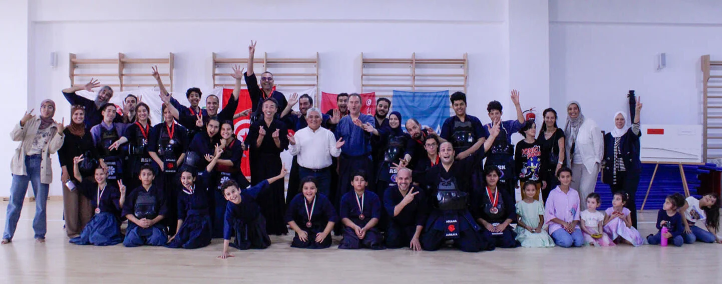 Panoramic group photo of kendō participants — Tunisia 2023